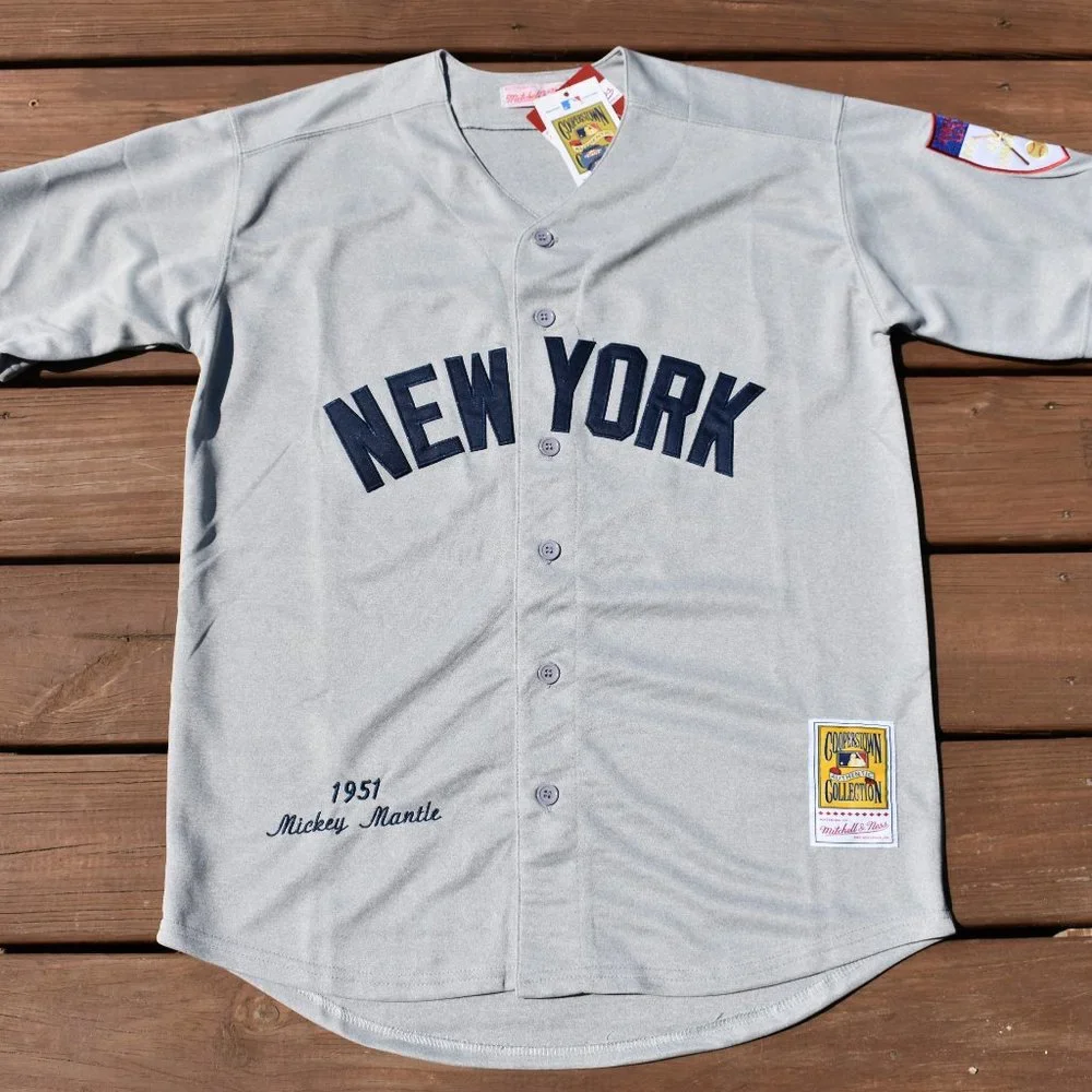 New!! Mickey Mantle New York Yankees GRAY Pinstripe Baseball Jersey Men's Sizes